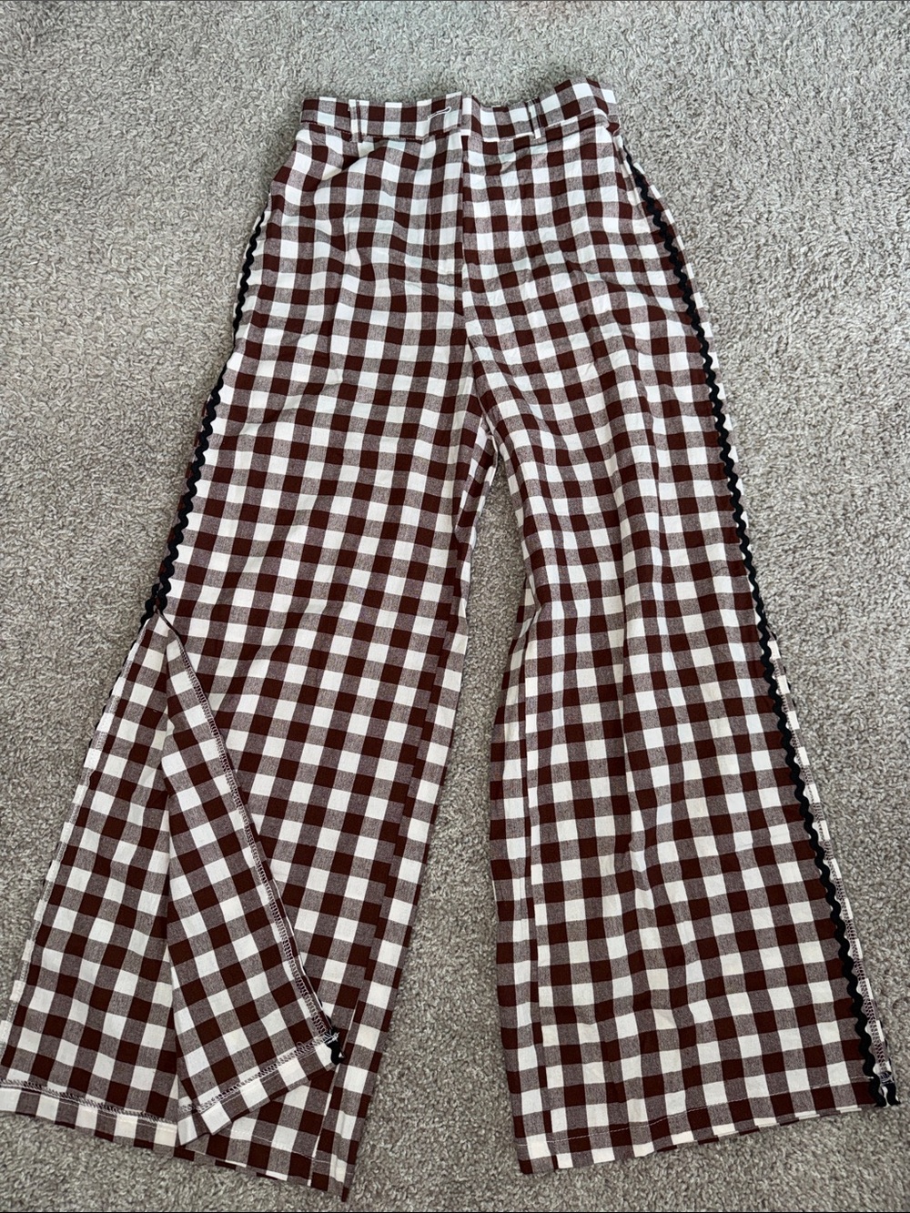 Girls Brown & White Gingham Wide-Leg Pants with Side Trim